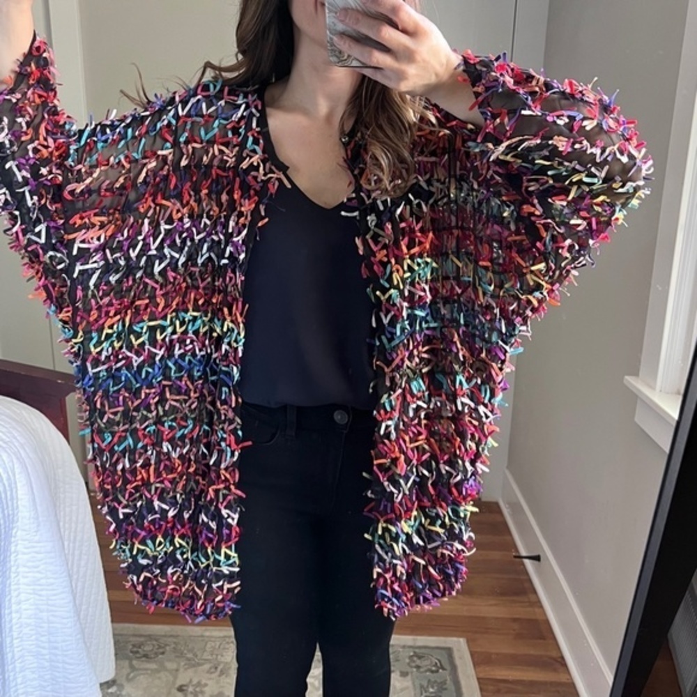 VINTAGE Oscar de la Renta RARE 80s Sheer Black Bow Jacket Cardigan, Large - Picture 12 of 15